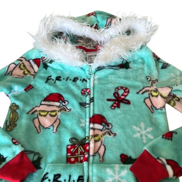 Friends XS Christmas One Pc Fleece Pajamas w Fur Trimmed Hood Holiday Cozy Warm - Picture 4 of 7